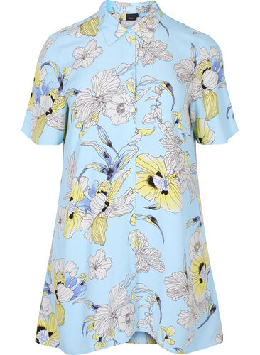 Lang skjorte i viskose med blomstermønster, Light Blue AOP, Packshot image number 0