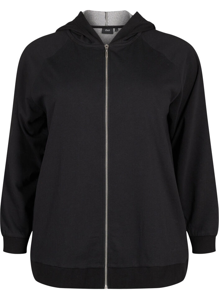 Sweat-cardigan med hette og lommer, Svart, Packshot image number 0