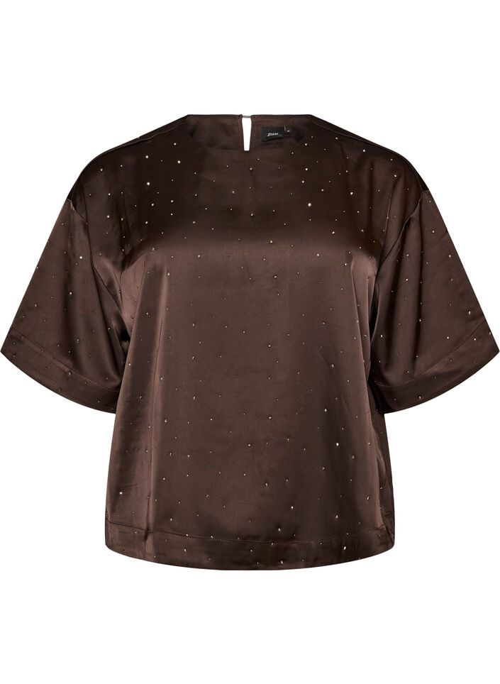 Satengbluse med rhinsteiner og albuelange ermer, Brun, Packshot image number 0