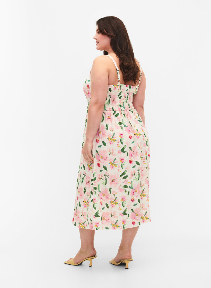 Blomstrete kjole med stropper i viskose med smock, Off White Flower, Model image number 1
