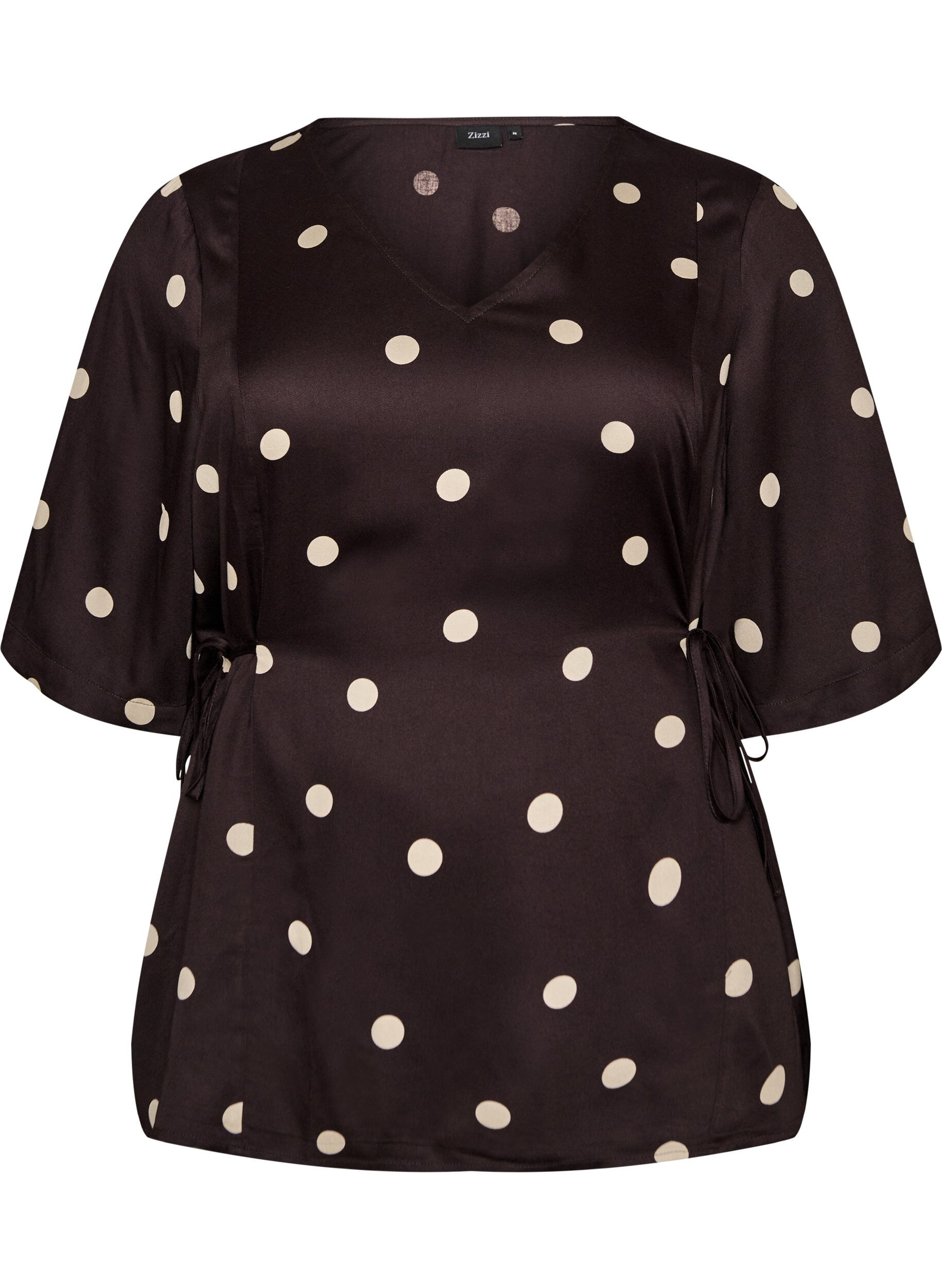 Polkadot viskosebluse med V-hals og knytelukking