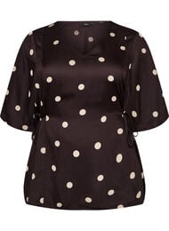 Polkadot viskosebluse med V-hals og knytelukking, Brun