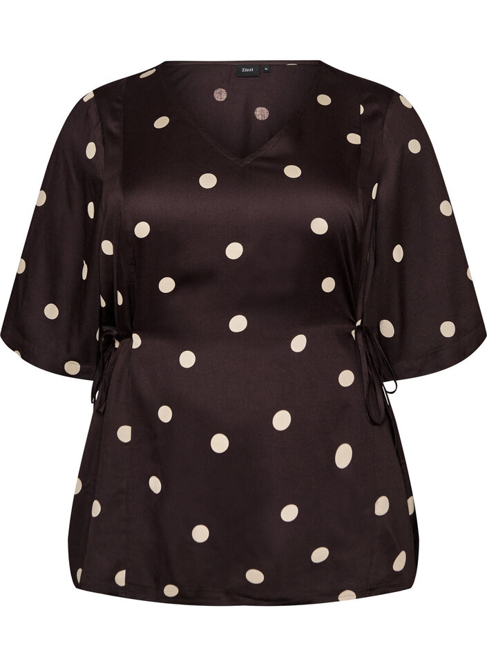 Polkadot viskosebluse med V-hals og knytelukking, Brun, Packshot image number 0