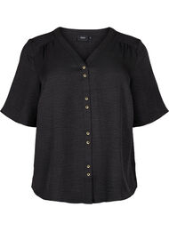 Skjortebluse med V-hals eog korte ermer, Black