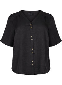 Skjortebluse med V-hals eog korte ermer, Svart Skjortebluse med V-hals eog korte ermer