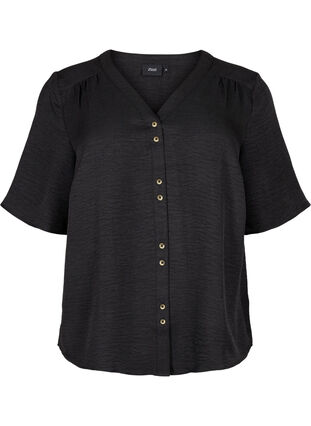 Zizzi Skjortebluse med V-hals eog korte ermer, Svart, Packshot image number 0