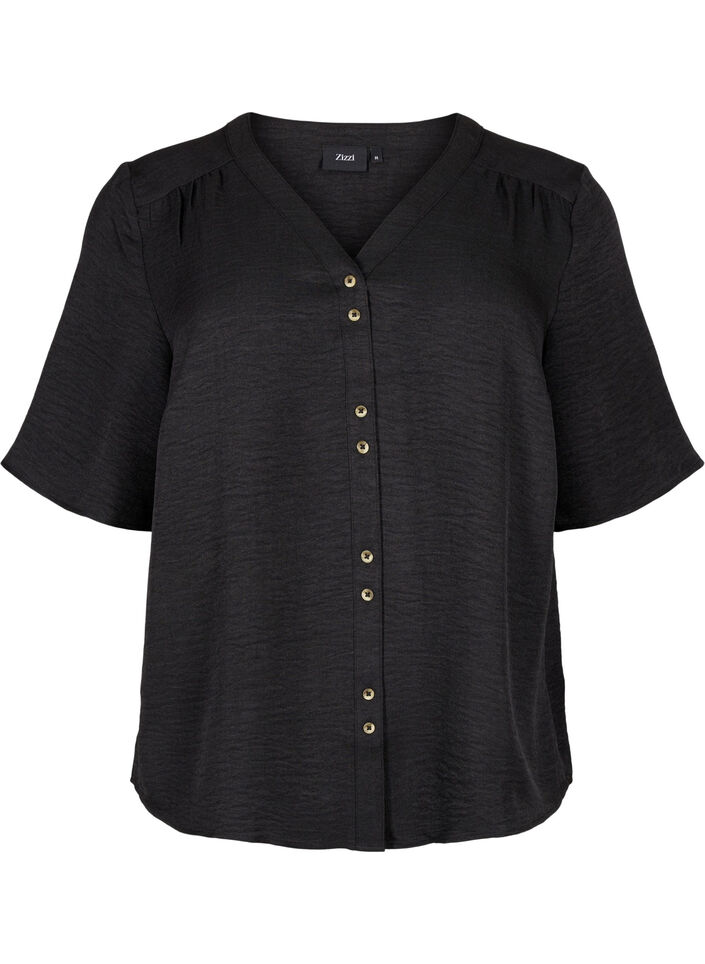 Skjortebluse med V-hals eog korte ermer, Svart, Packshot image number 0