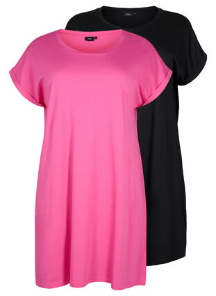 2-pack bomullskjole med korte ermer, Shocking Pink/Black, Packshot image number 0