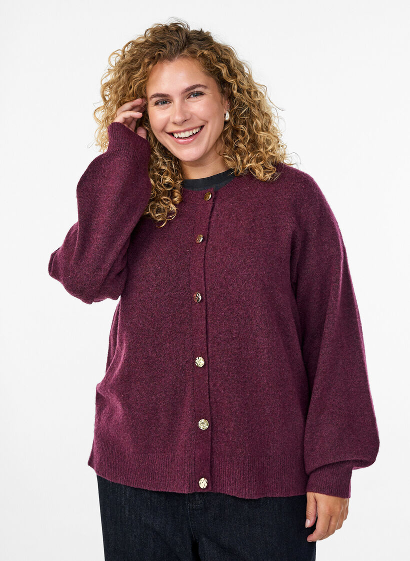 Cardigan i myk strikk med gullfargede knapper, Mørk Bordeaux, Model image number 0