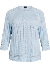 Strikket topp med hullbroderi og 3/4 ermer, Bl&aring;