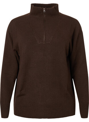 Zizzi Strikket genser med glidelås, Demitasse/Black Mel., Packshot image number 0