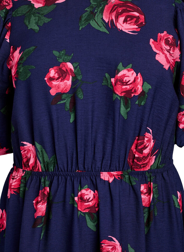 Midikjole med rosetrykk og korte ballongermer, Pink Rose AOP, Packshot