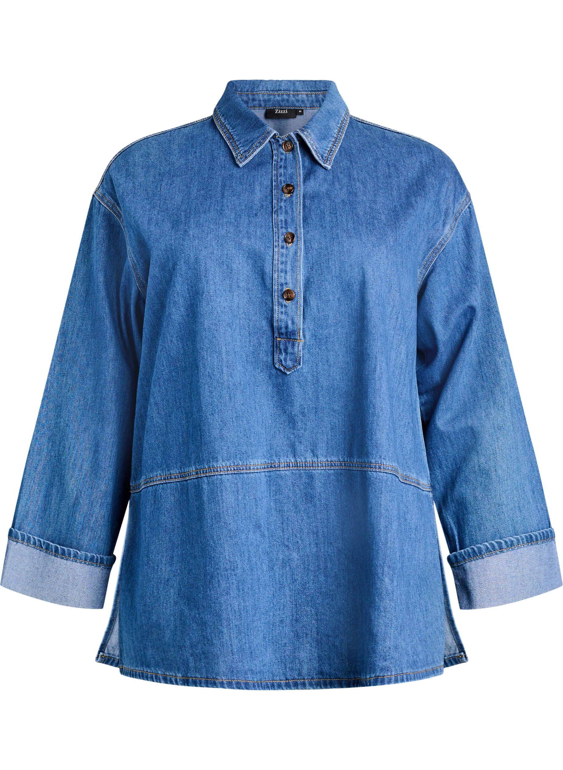 Loose fit denim bluse med krage og knappelist
