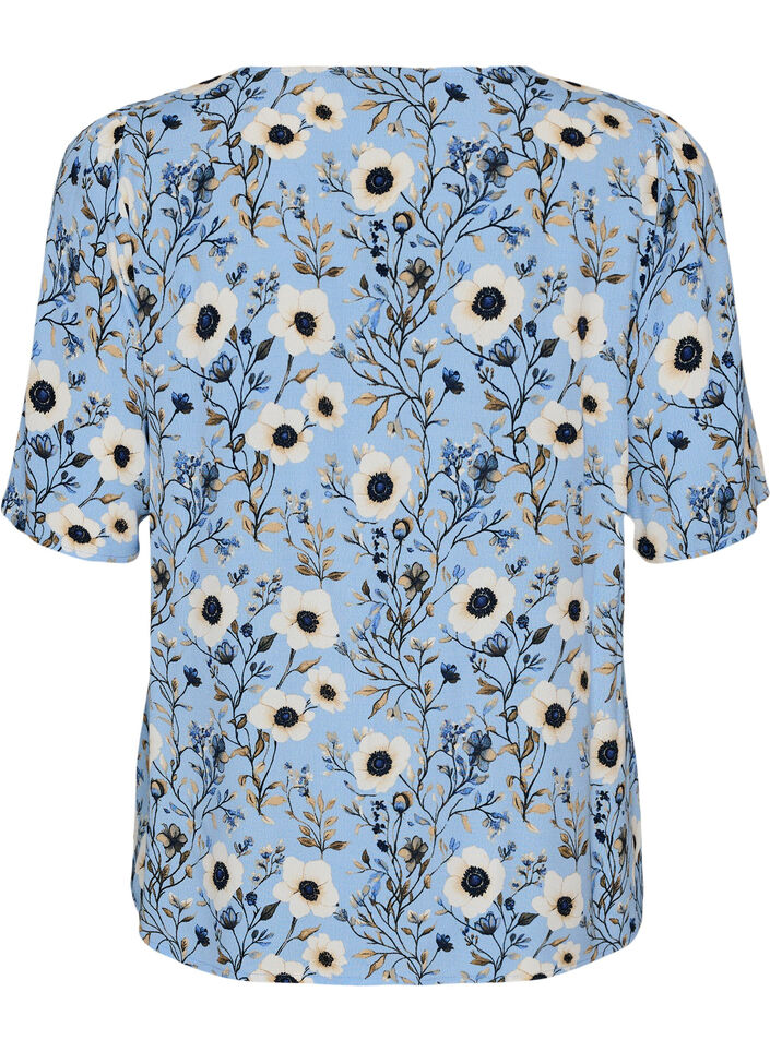 Bluse med blomstertrykk og korte ermer, Bl&aring;, Packshot image number 1