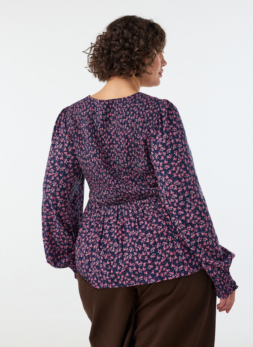 Bluse med smocket topp og blomstertrykk, Bl&aring;, Model image number 1