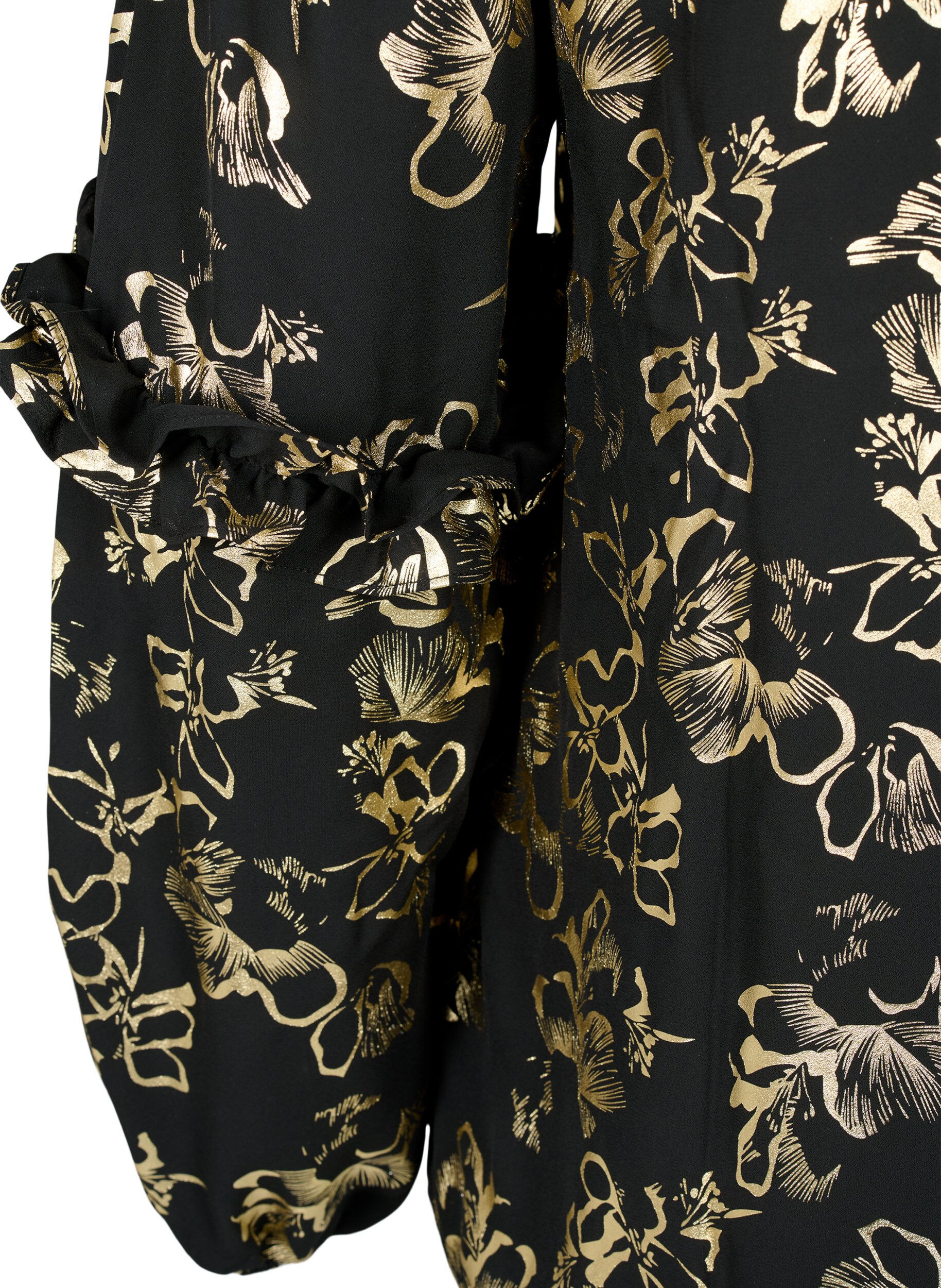 Zizzi Langermet bluse med volanger og folietrykk, Black Foil AOP, Packshot image number 3