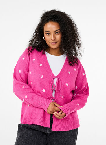 Zizzi Strikket cardigan med knytedetaljer og broderi, Raspberry Rose Comb, Model image number 0