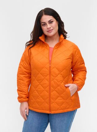 Quiltet lett jakke med glidelås og lommer, Mandarin Orange, Model image number 0