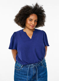 Bluse med korte volangermer og V-hals, Blå Bluse med korte volangermer og V-hals, Blå, Model