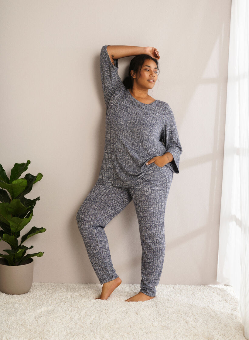 Bluse i melange med rund hals og 3/4-ermer, Dress Blues Mel., Image image number 0