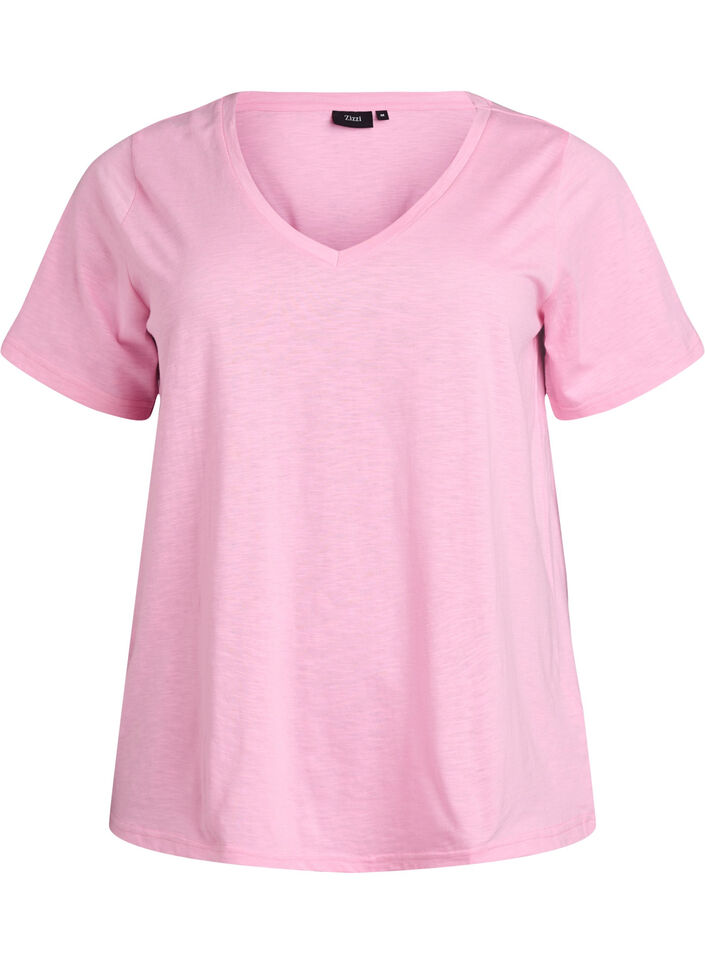 Kortermet basic t-skjorte med v-hals, Begonia Pink, Packshot