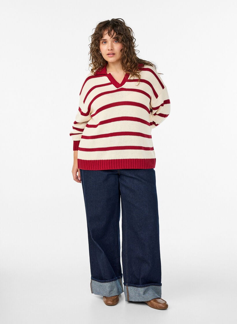 Stripet strikkebluse med en polokrage, Vanilje, Model image number 1