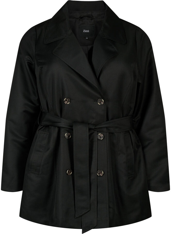 Kort trenchcoat med belte, Svart, Packshot image number 0