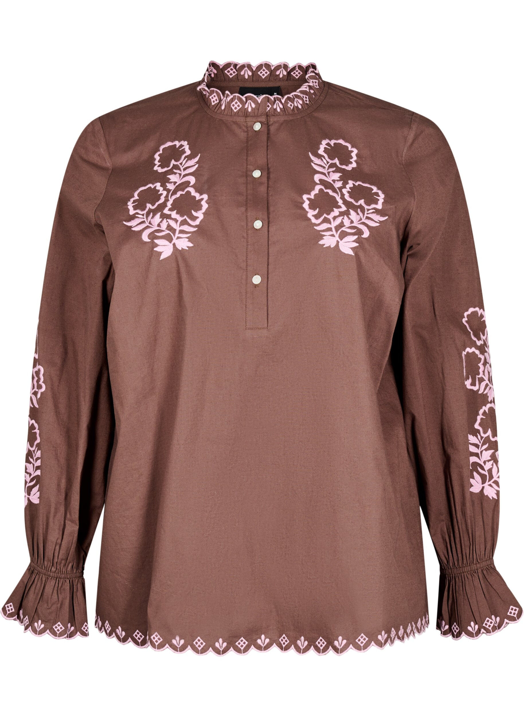 Zizzi Bluse med broderi og volangdetaljer, Brun, Packshot image number 0
