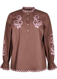 Bluse med broderi og volangdetaljer, Brun Bluse med broderi og volangdetaljer