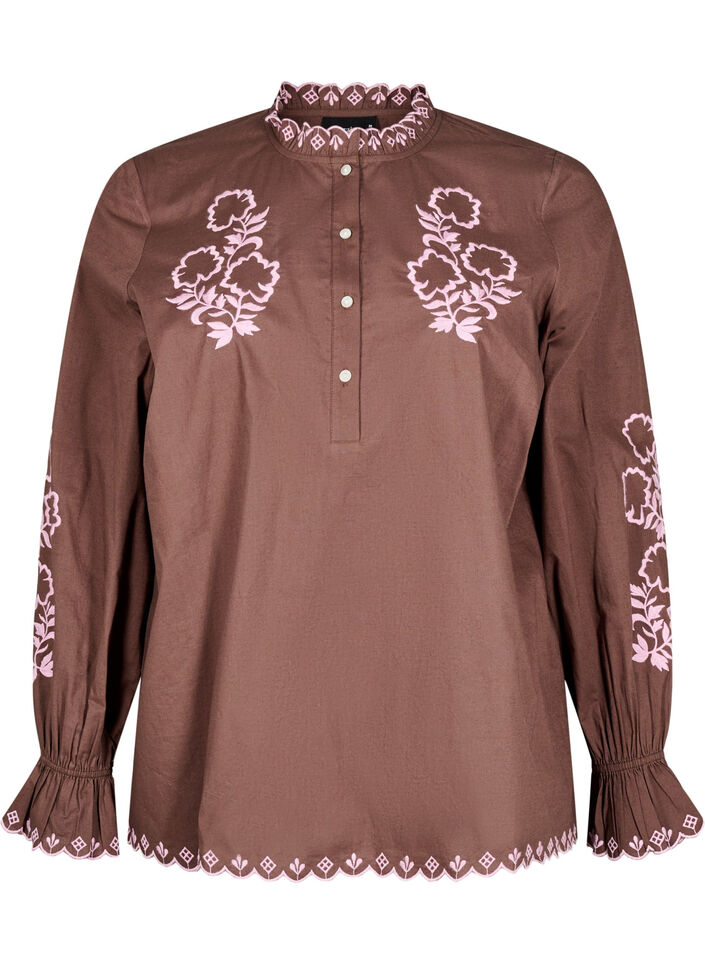 Bluse med broderi og volangdetaljer, Brun, Packshot image number 0
