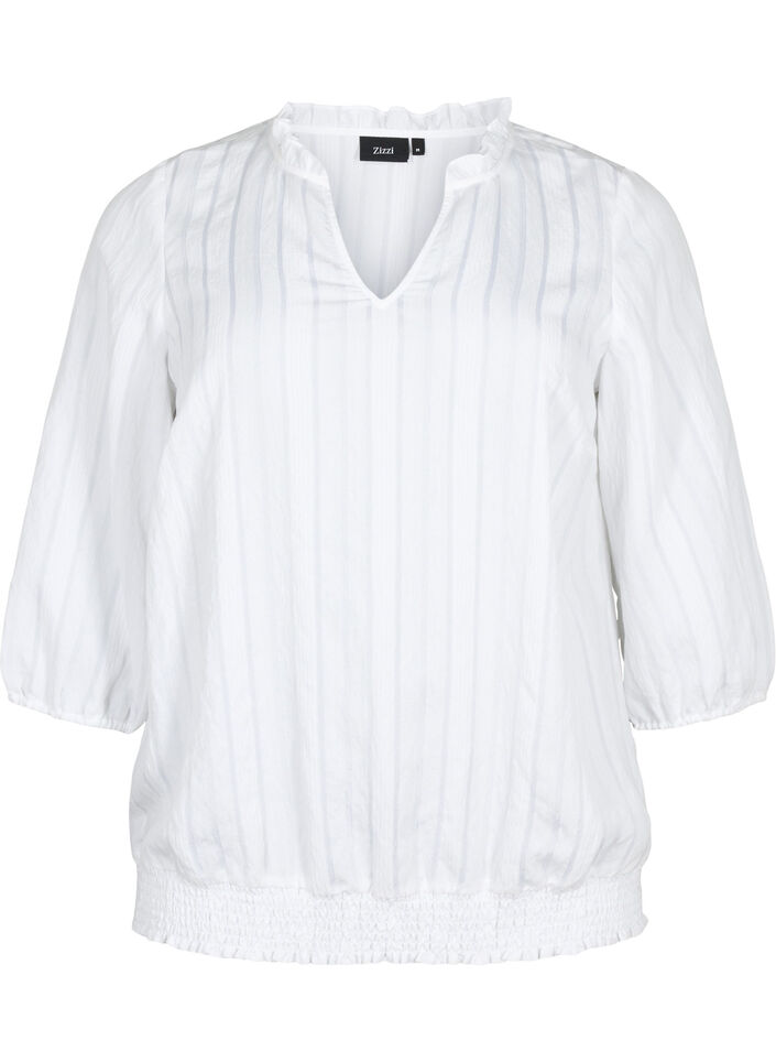 Viskosebluse med 3/4 ermer og smock, Bright White, Packshot image number 0