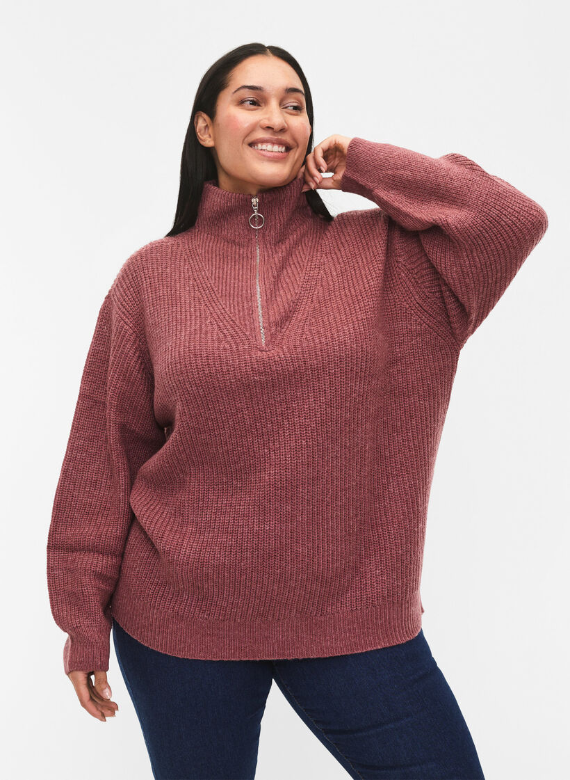 FLASH - strikket genser med høy hals og glidelås, Rosa, Model image number 0