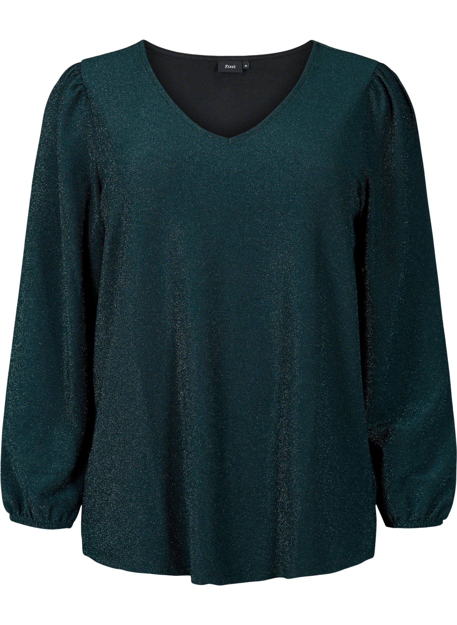 Zizzi Glitterbluse med puffermer, Black Scarab, Packshot image number 0
