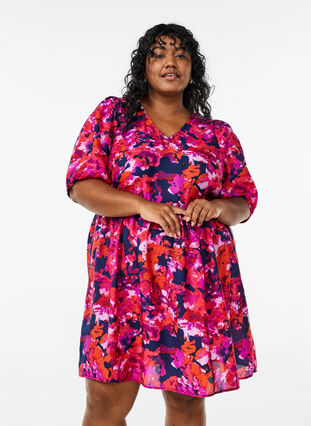 Zizzi Kort kjole med trykk og V-hals, Rosa, Model image number 0