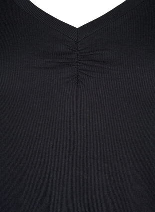 Ribbestrikket bluse med lange ermer og V-hals, Black, Packshot image number 2