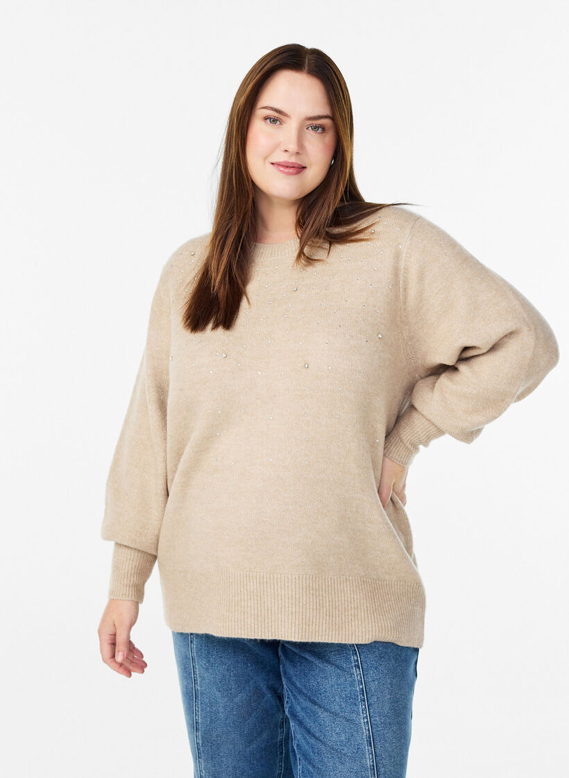 Strikkebluse med rhinesteiner, Beige, Model image number 0