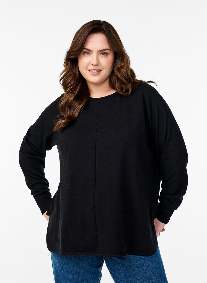 Strikket bluse med rund hals og strikket m&oslash;nster, Svart, Model image number 0