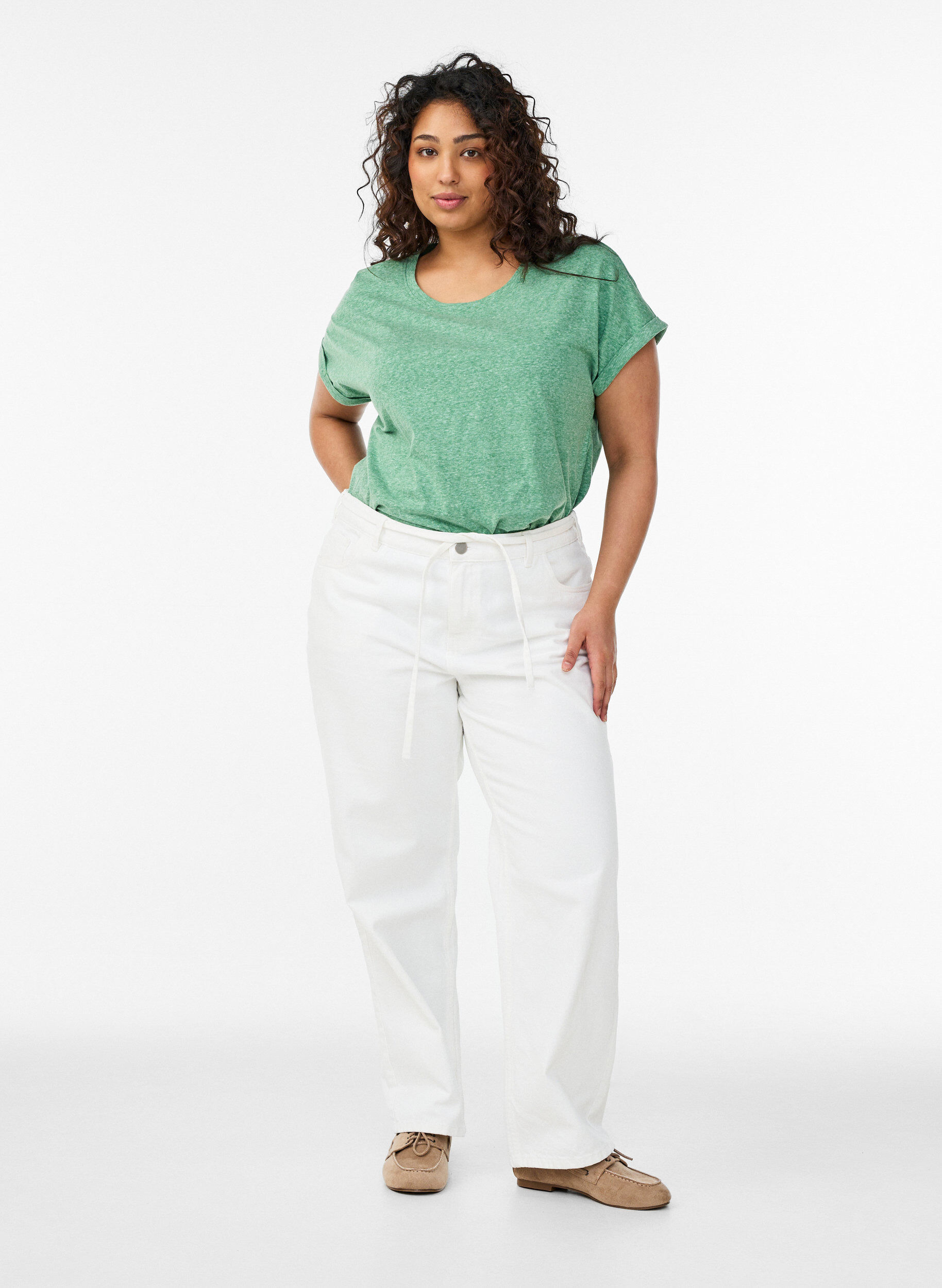 Zizzi Melert T-skjorte med korte ermer, Gr&oslash;nn, Model image number 1