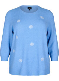 Strikket bluse med blomster og 3/4 ermer, Della R. Blue Mel. Strikket bluse med blomster og 3/4 ermer