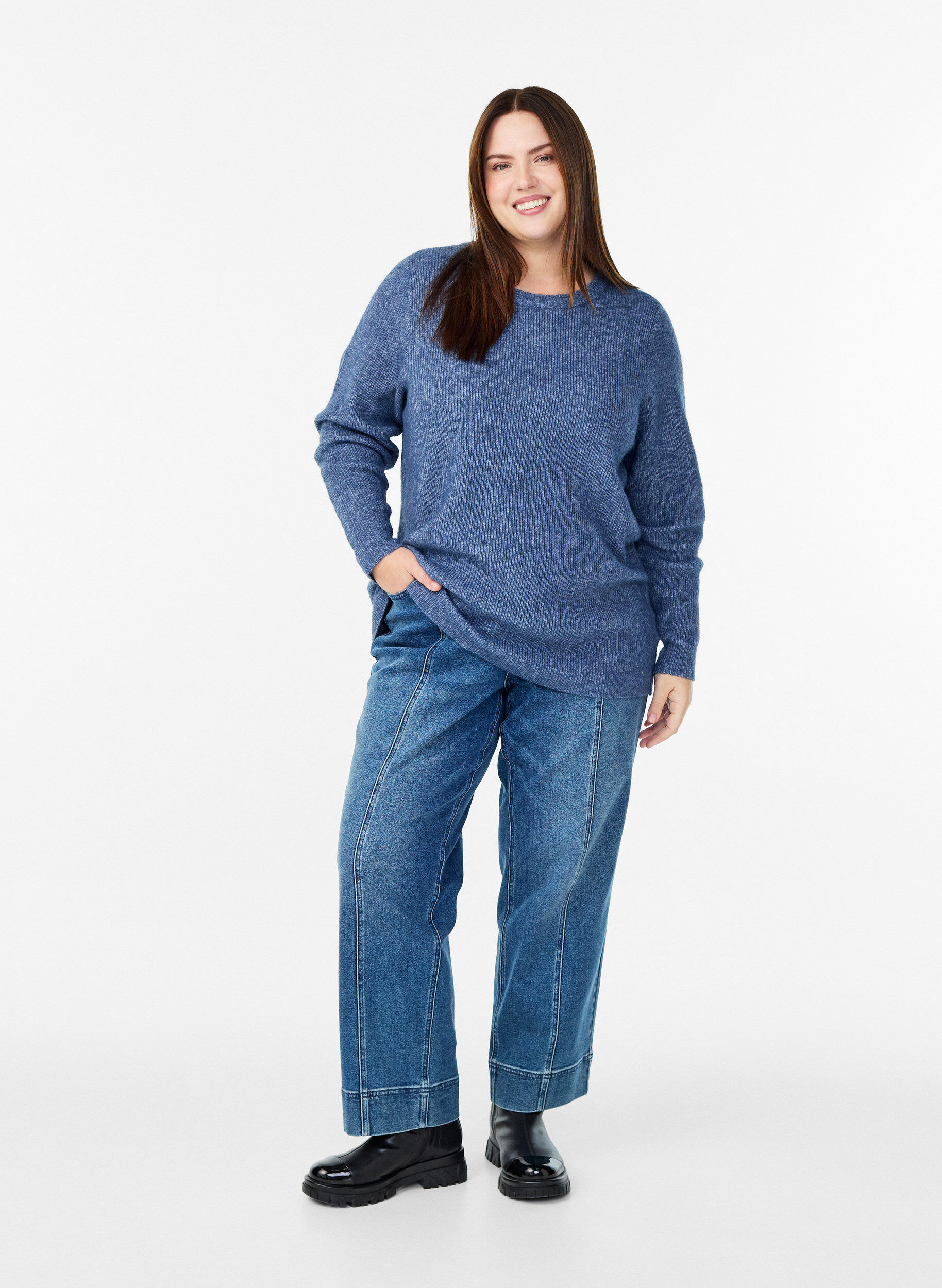 Zizzi Melert strikkebluse med rund hals, Bl&aring;, Model image number 1