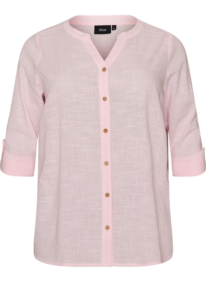 Bomullsbluse med V-hals, Rosa, Packshot image number 0