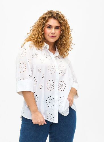 Zizzi Skjortebluse med engelsk broderi og 3/4-ermer, Bright White, Model image number 0