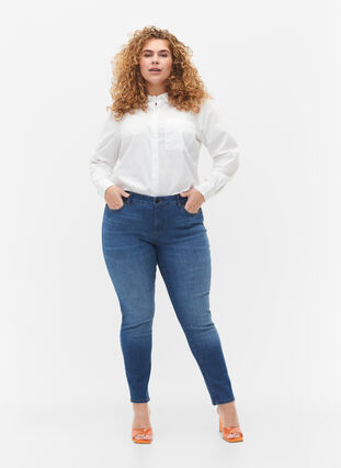 Emily jeans med vanlig liv og smal passform, Blue denim, Model image number 0