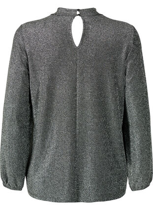 Langermet bluse med glitter, rund hals og V-detalj, Black Silver, Packshot image number 1