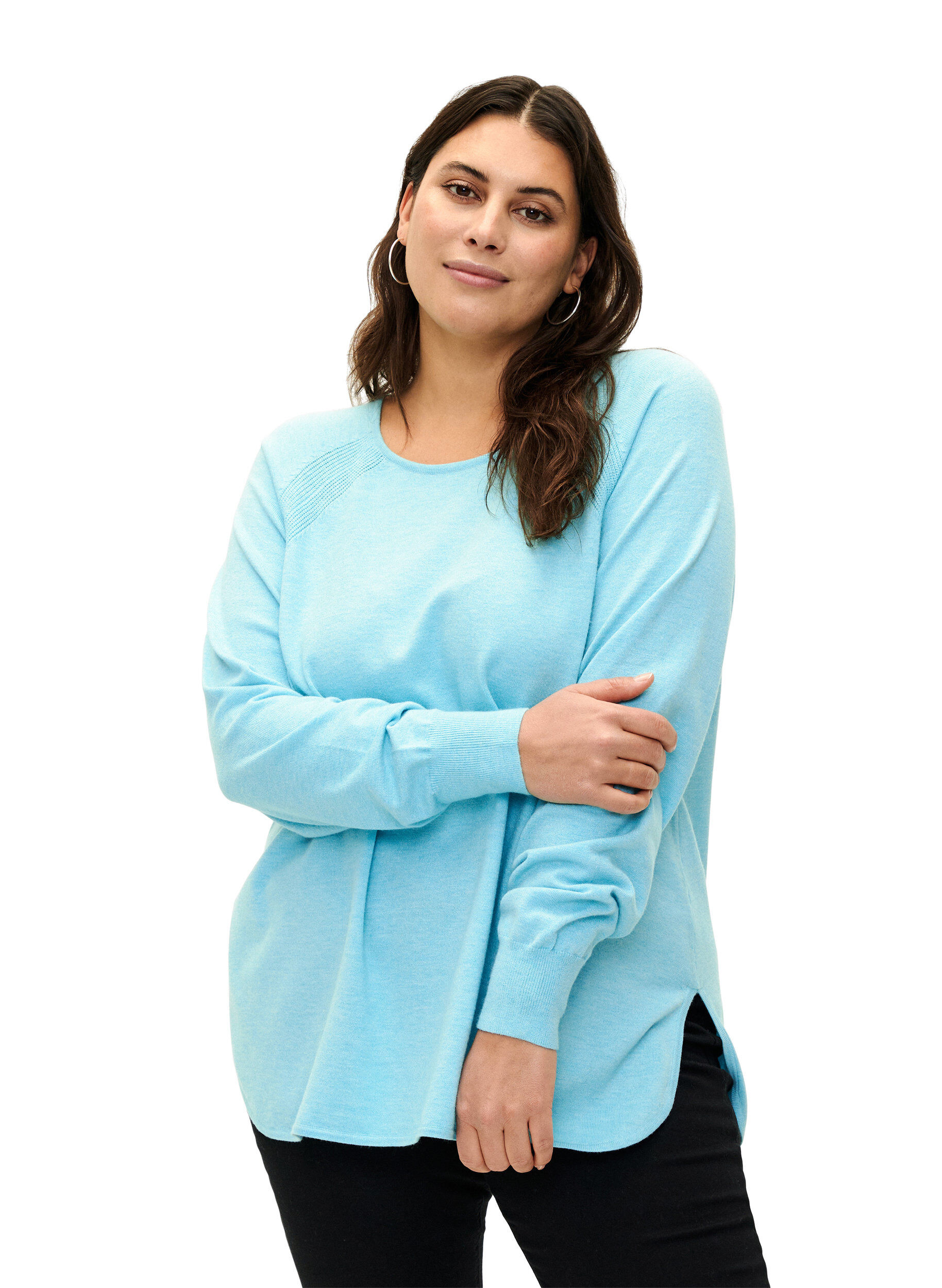 Zizzi Strikket bluse med Raglan-ermer, Blue Curacao Mel., Model image number 0