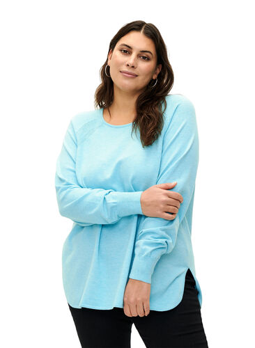 Strikket bluse med Raglan-ermer, Blue Curacao Mel., Model image number 0