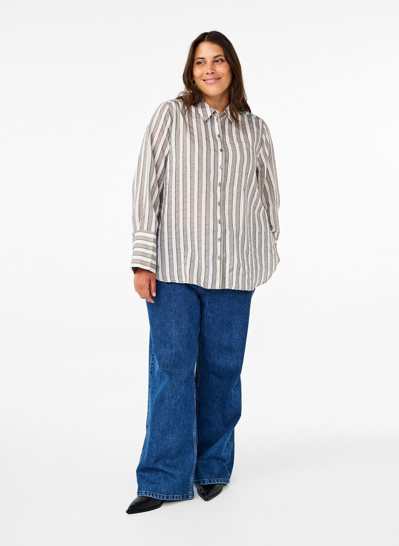 Ledig skjorte med striper, Beige, Model image number 1