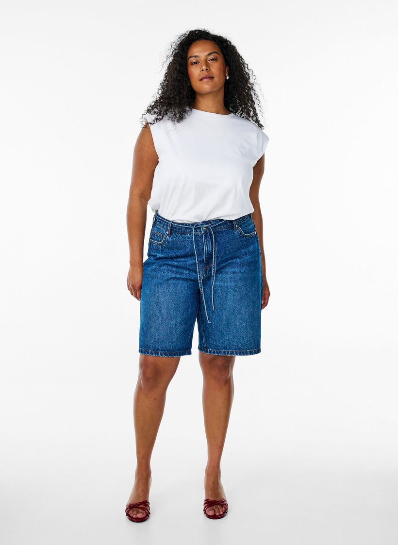 Ermeløs jerseybluse med skulderputer, Hvit, Model image number 1