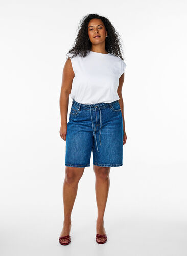 Zizzi Ermeløs jerseybluse med skulderputer, Hvit, Model image number 1