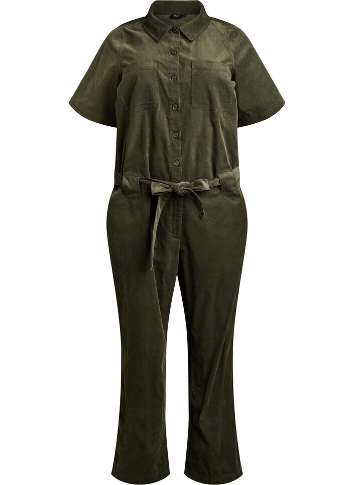 Cordfl&oslash;yels jumpsuit med straight fit ben, Gr&oslash;nn, Packshot image number 0